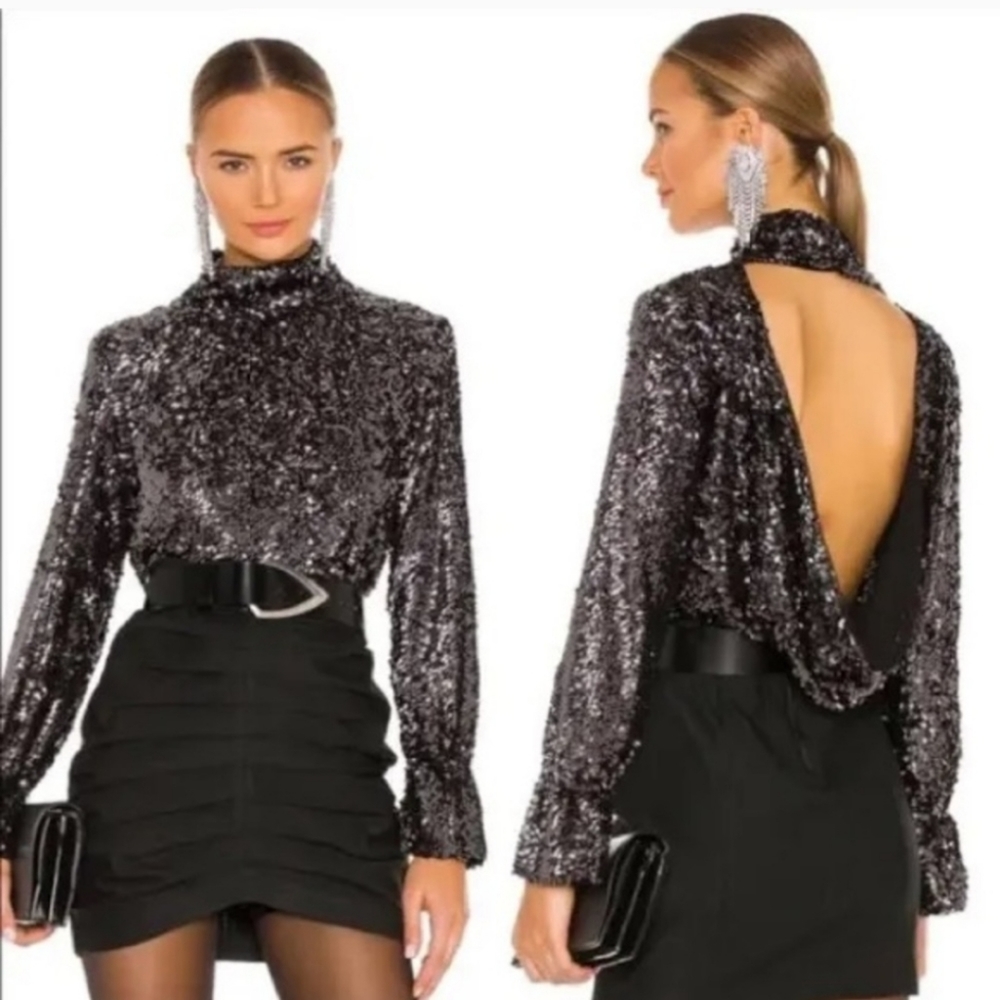 Free People Black Sequin Long Sleeve Low Back Holiday Top Size XS
